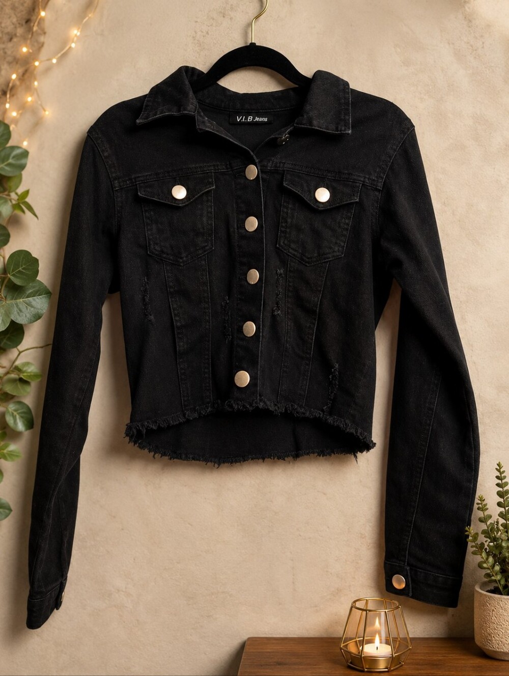 VIP Jeans Black Cropped Distressed Grunge Look  Jean Jacket Size Medium